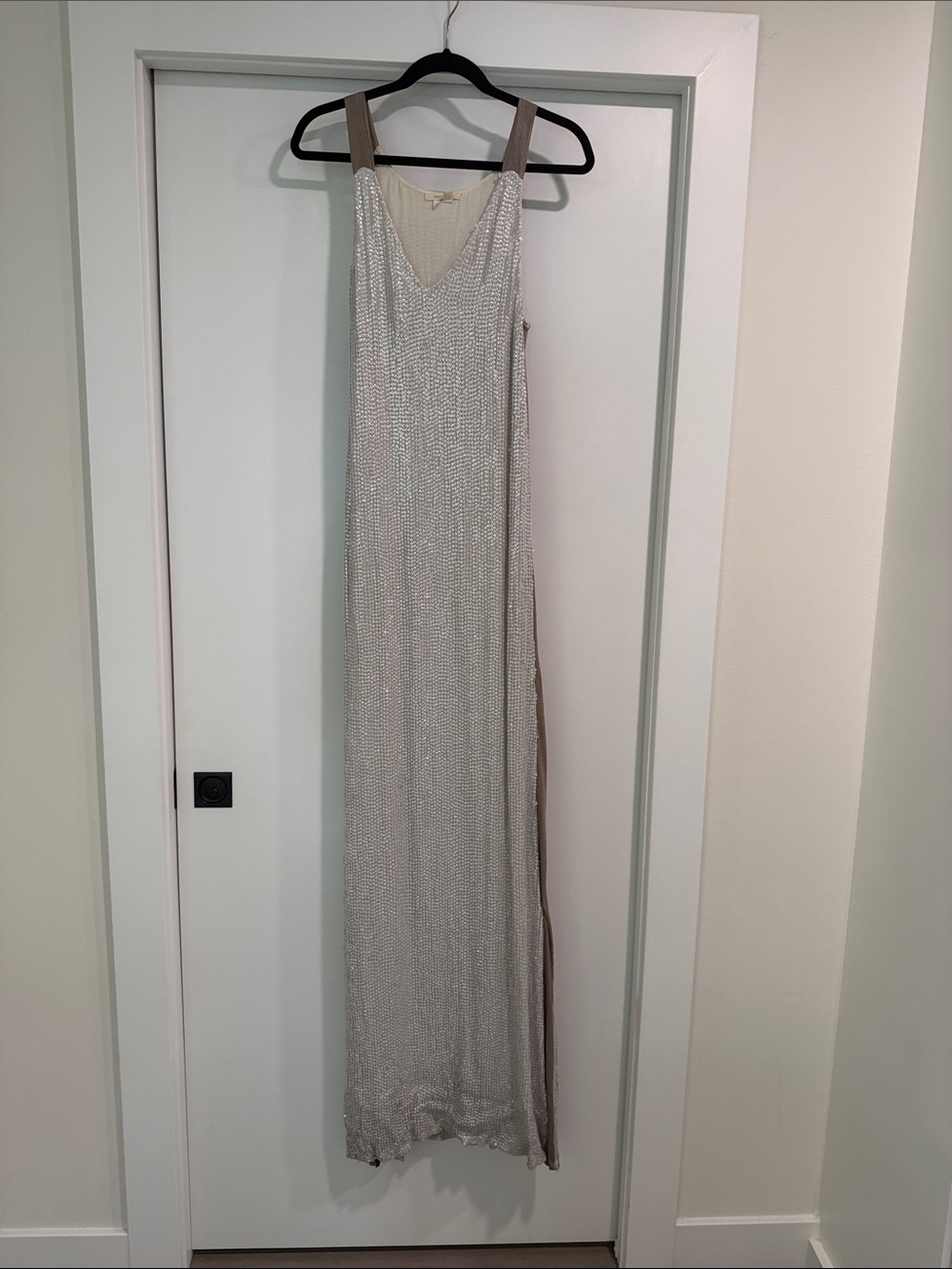 Renzo and Kai Silver Sequin Maxi Dress with Taupe Straps